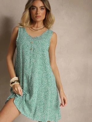 Zielona Sukienka Rozkloszowana z Bawełny z Guzikami i Kwiatami Lisariela defox