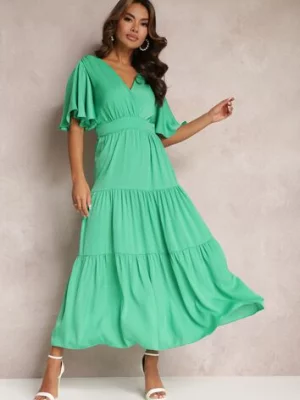 Zielona Sukienka Rozkloszowana z Falbankami i Odkrytymi Plecami Gallasia