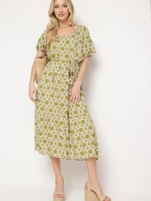 Zielona Sukienka Rozkloszowana z Mozaikowym Wzorem z Wiskozy Kaliane
