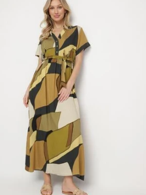 Zielona Sukienka Rozkloszowana z Wiskozy w Geometryczny Wzór z Paskiem Ranislla cflo