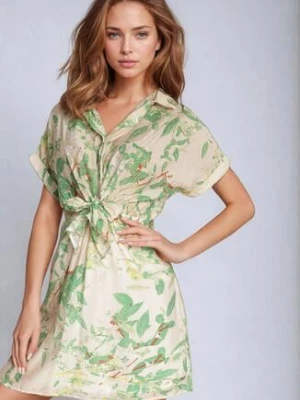 Zielona Sukienka Taliowana z Koszulową Górą w Abstrakcyjny Wzór Namselle melya by melody