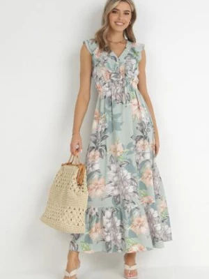 Zielona Sukienka w Kwiaty o Rozkloszowanym Kroju z Falbanami i Wiązaniem Trelanie rosa