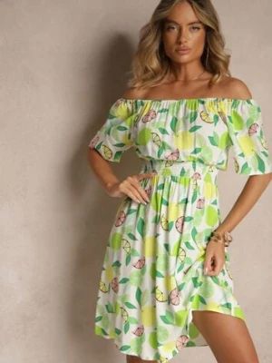 Zielona Sukienka Typu Hiszpanka z Bawełną ze Wzorem Cytrusów Aprona wei wei