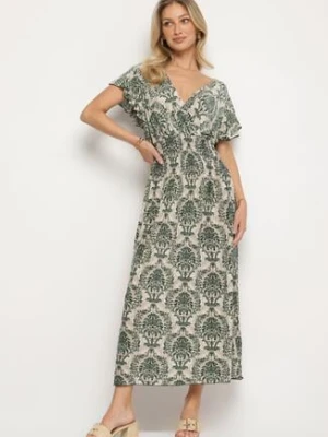 Zielona Sukienka w Etno Wzór z Falbankami i Gumką w Pasie Ellivira j&x