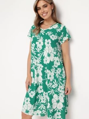 Zielona Sukienka w Kwiaty o Luźnym Kroju z Krótkim Rękawem Haldana