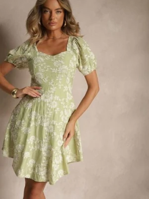 Zielona Sukienka w Kwiaty z Bufiastymi Rękawami Deviriel j&x