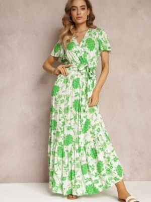 Zielona Sukienka w Kwiaty z Paskiem i Gumką w Talii z Wiskozy Agletina m&d fashion