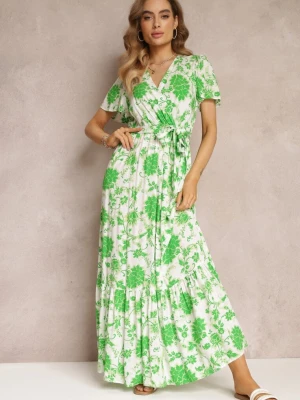 Zielona Sukienka w Kwiaty z Paskiem i Gumką w Talii z Wiskozy Agletina M&d Fashion