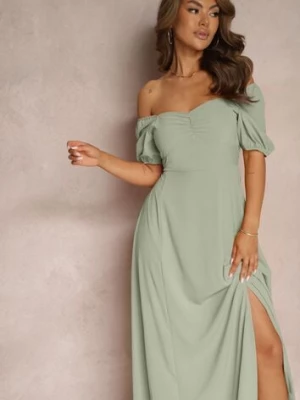 Zielona Sukienka Wieczorowa z Hiszpańskim Dekoltem i Rozcięciem Vikiya rosa