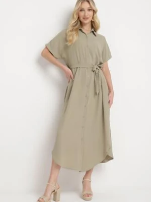 Zielona Sukienka Wiskozowa o Luźnym Koszulowym Kroju Wiązana w Talii Rionella cflo