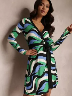 Zielona Sukienka Wzorzysta i Kopertowa z Wiązanym Paskiem Athora by swan