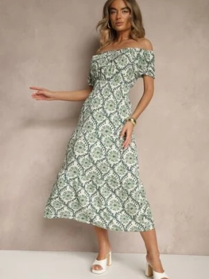 Zielona Sukienka z Bawełną Ozdobiona Bufiastymi Rękawami Revalle j&x