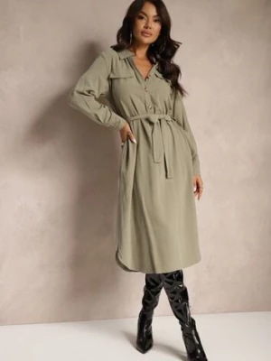 Zielona Sukienka z Bawełny o Koszulowym Kroju Wiązana w Talii Zinrose rosa