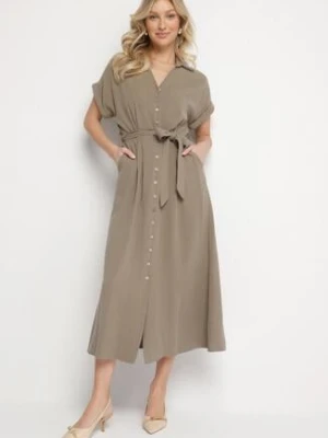 Zielona Sukienka z Bawełny o Koszulowym Kroju z Wiązanym Paskiem Elanitiela m&d fashion