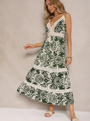 Zielona Sukienka z Bawełny o Rozkloszowanym Kroju w Etniczny Print Taliraya defox