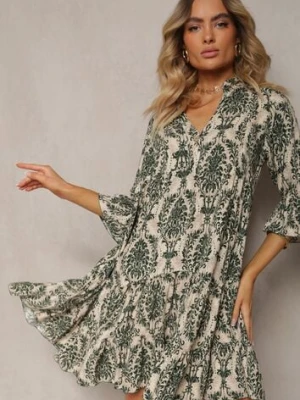 Zielona Sukienka z Bawełny o Rozkloszowanym Kroju Wykończona Falbanką Niloa