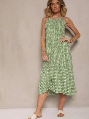 Zielona Sukienka z Bawełny Ozdobiona Geometrycznym Motywem Nilavionea defox