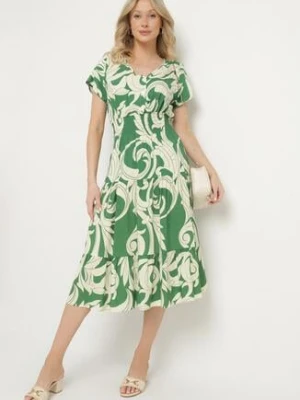 Zielona Sukienka z Bawełny Ozdobiona Guzikami i Geometrycznym Wzorem Talissea defox