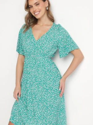 Zielona Sukienka z Bawełny Rozkloszowana w Kwiaty Esirive defox