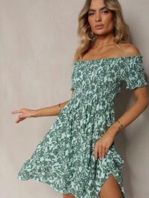 Zielona Sukienka z Bawełny Typu Hiszpanka z Marszczoną Górą i Falbanką Jannesto defox