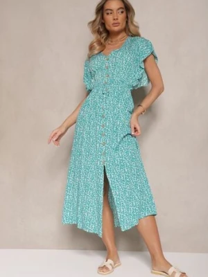 Zielona Sukienka z Bawełny w Cętki o Rozkloszowanym Kroju z Guzikami Aluvellae defox