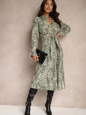 Zielona Sukienka z Bawełny w Panterkowy Print o Koszulowym Kroju Wiązana w Pasie Inoraelis rosa