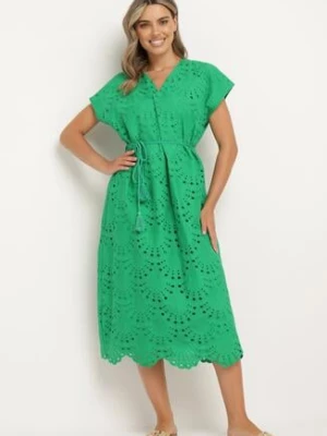 Zielona Sukienka z Bawełny Zdobiona Haftem z Krótkim Rękawem i Materiałowym Paskiem Dimisha