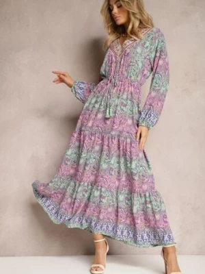 Zdjęcie produktu Różowa Sukienka z Dekoltem w V o Rozkloszowanym Fasonie w Print Paisley Akka