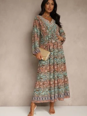 Zielona Sukienka z Dekoltem w V o Rozkloszowanym Fasonie w Print Paisley Akka