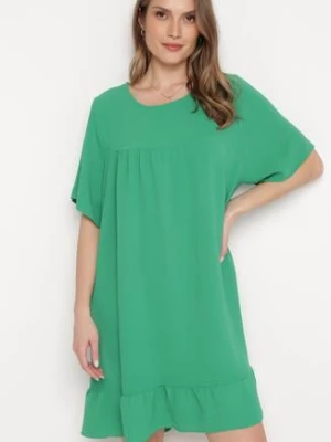 Zielona Sukienka z Falbanką o Rozkloszowanym Fasonie Mini Kerminna