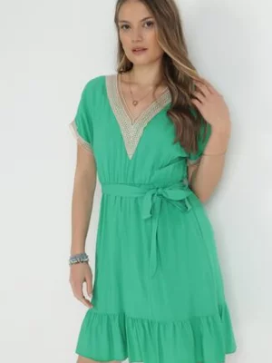 Zielona Sukienka z Gumką w Pasie z Plecionymi Wstawkami z Wiskozy Hanora