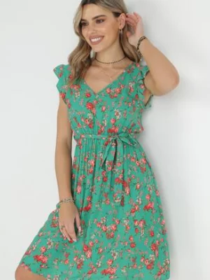 Zielona Sukienka z Gumką w Pasie z Wiskozy w Kwiaty Chrysa cflo