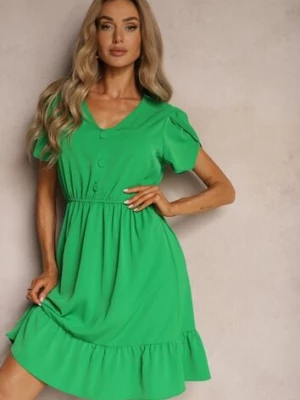 Zielona Sukienka z Gumką w Talii i Falbankami o Rozkloszowanym Fasonie Xelimia h&s