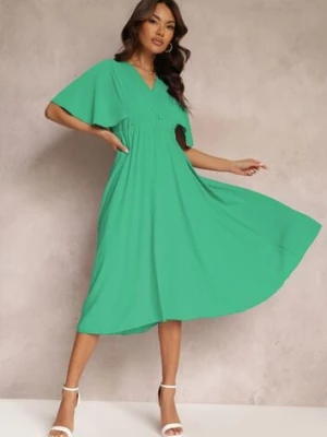 Zielona Sukienka z Gumką w Talii Krótkim Rękawem i Kopertowym Dekoltem Kelila lily rose