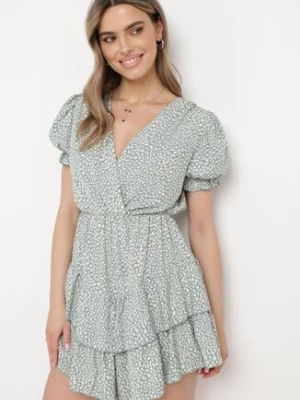 Zielona Sukienka z Gumką w Talii z Kopertowym Dekoltem Ianveia cflo