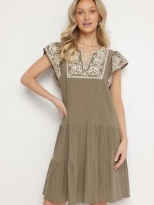 Zielona Sukienka z Haftami w Stylu Boho z Bawełny Evitel rosa