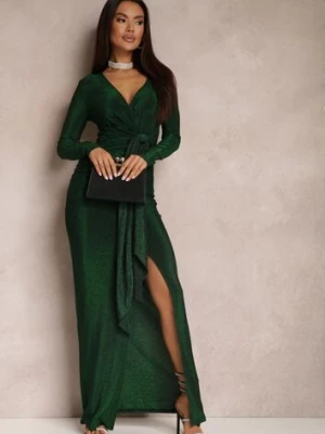 Zielona Sukienka z Kopertowym Dekoltem Błyszcząca z Marszczeniem Umoria