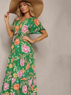 Zielona Sukienka z Kopertowym Dekoltem i Falbanką Ozdobiona Kwiatowym Motywem Nisavela sweet&girl