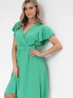Zielona Sukienka z Kopertowym Dekoltem i Paskiem Sizue