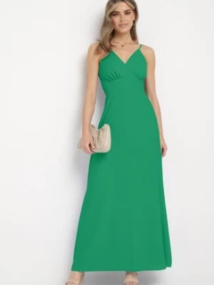 Zielona Sukienka z Kopertowym Dekoltem na Cienkich Ramiączkach Piamena