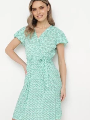 Zielona Sukienka z Kopertowym Dekoltem Wiązanym Paskiem i Gumką w Talii z Wiskozy Canbra cflo