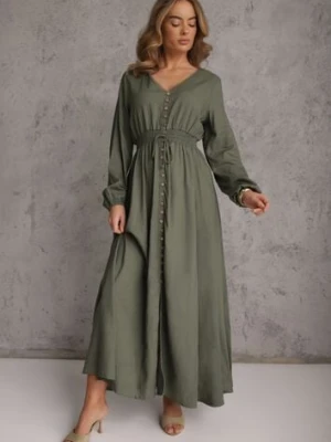 Zielona Sukienka z Lnem i Wiskozą o Rozkloszowanym Kroju z Ozdobnymi Guzikami Maitena m&d fashion
