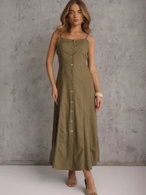 Zielona Sukienka z Lnem i Wiskozą Ozdobiona Guzikami i Koralikami Galopon m&d fashion