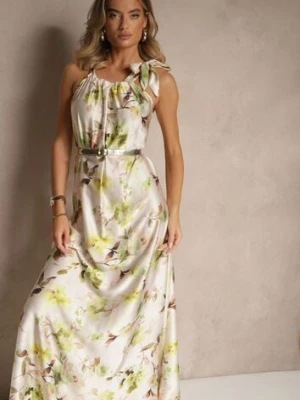 Zielona Sukienka z Satyny w Kwiatowy Wzór Fenimea