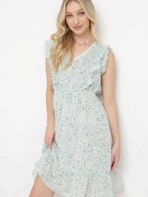 Zielona Sukienka z Trójkątnym Dekoltem Falbankami i Gumką w Pasie Tyrene rosa