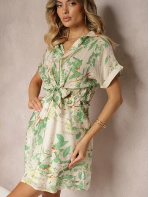 Beżowo-Zielona Sukienka z Wiązaniem w Talii Ozdobiona Abstrakcyjnym Printem Namsalia melya by melody