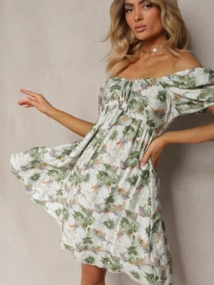 Zielono-Beżowa Sukienka z Wiązanym Dekoltem i Bufiastymi Rękawami z Gumką z Tyłu w Kwiatowy Wzór Vikolla rosse line