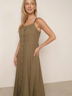 Zielona Sukienka z Wiskozą Lnem i Koralikami na Ramiączkach Coranella m&d fashion
