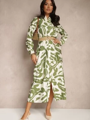 Zielona Sukienka z Wiskozą o Koszulowym Kroju z Plecionym Paskiem Faledina rosa