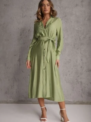 Zielona Sukienka z Wiskozą o Koszulowym Kroju z Wiązanym Paskiem Rissanni
